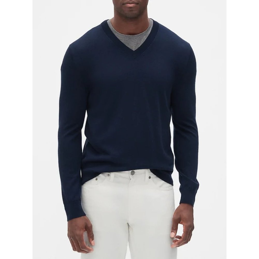 Banana Republic Merino Wool V-Neck Sweater Navy LG